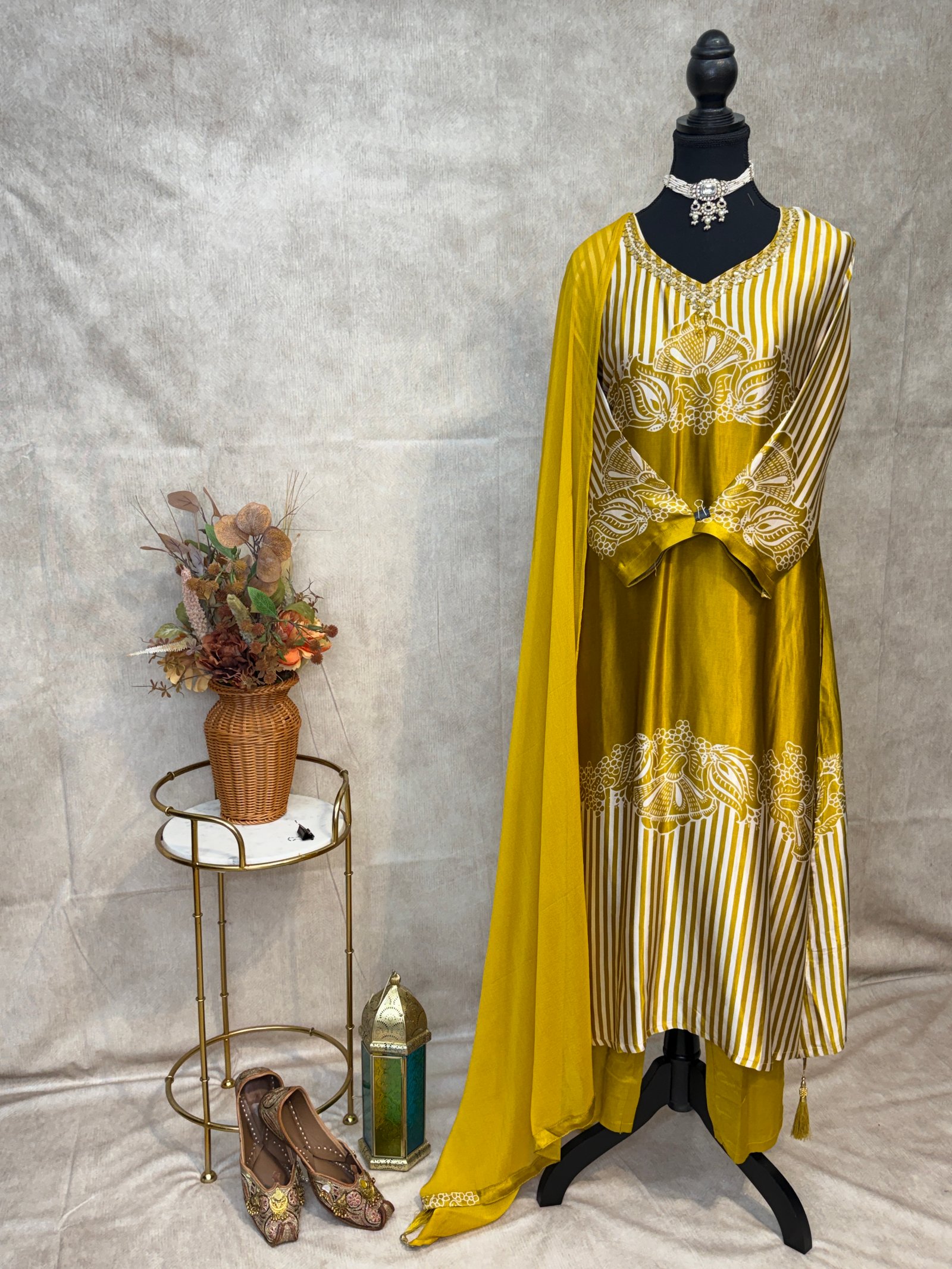 Mustard Yellow Gajji Silk Printed 3-Piece Suit Set